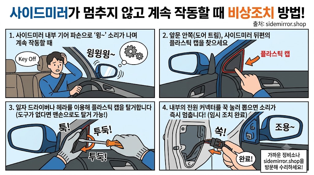 사이드미러 멈추지 않을 때 비상 조치 방법 4컷 만화 - 아이모터카 사이드미러 수리 전문점